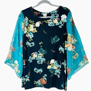 Chicos Top Womens Sz 1 Medium 8 Black Floral Teal Sheer Sleeve Blouse Floral‎